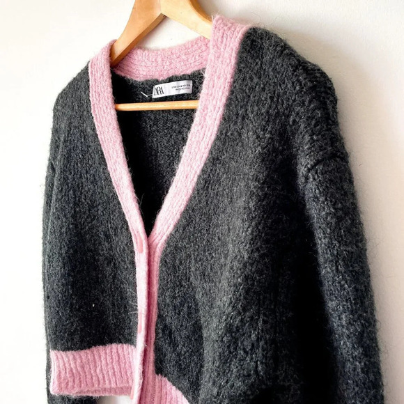 Zara Cropped Knit Contrast Hem Cardigan Grey Pink Size Medium - Picture 5 of 8